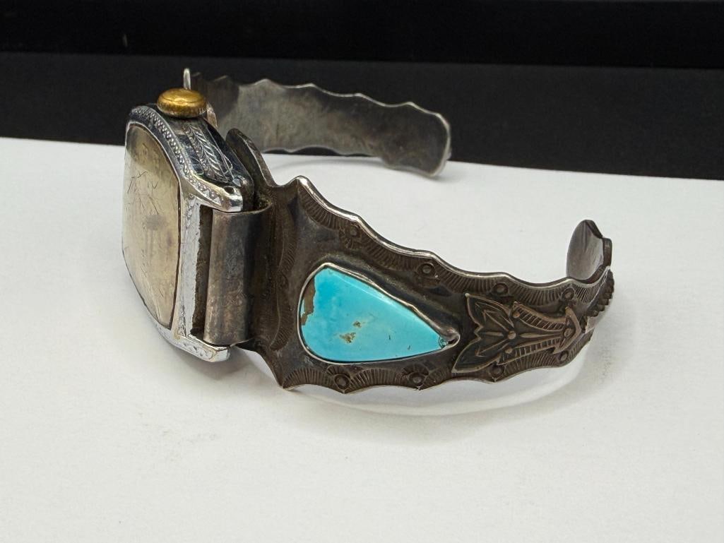OLD PAWN NAVAJO STERLING SILVER TURQUOISE WATCH CUFF WITH BULOVA WATCH - 2