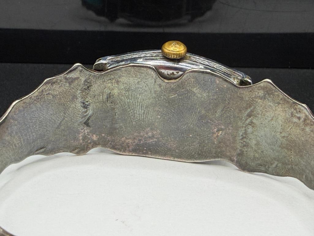OLD PAWN NAVAJO STERLING SILVER TURQUOISE WATCH CUFF WITH BULOVA WATCH - 6