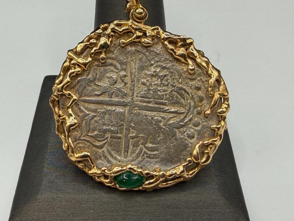 14K YELLOW GOLD DOLPHIN MOTIF PENDANT FEATURING CABOCHON EMERALD AND SILVER 8 REALES ATOCHA COIN - 2