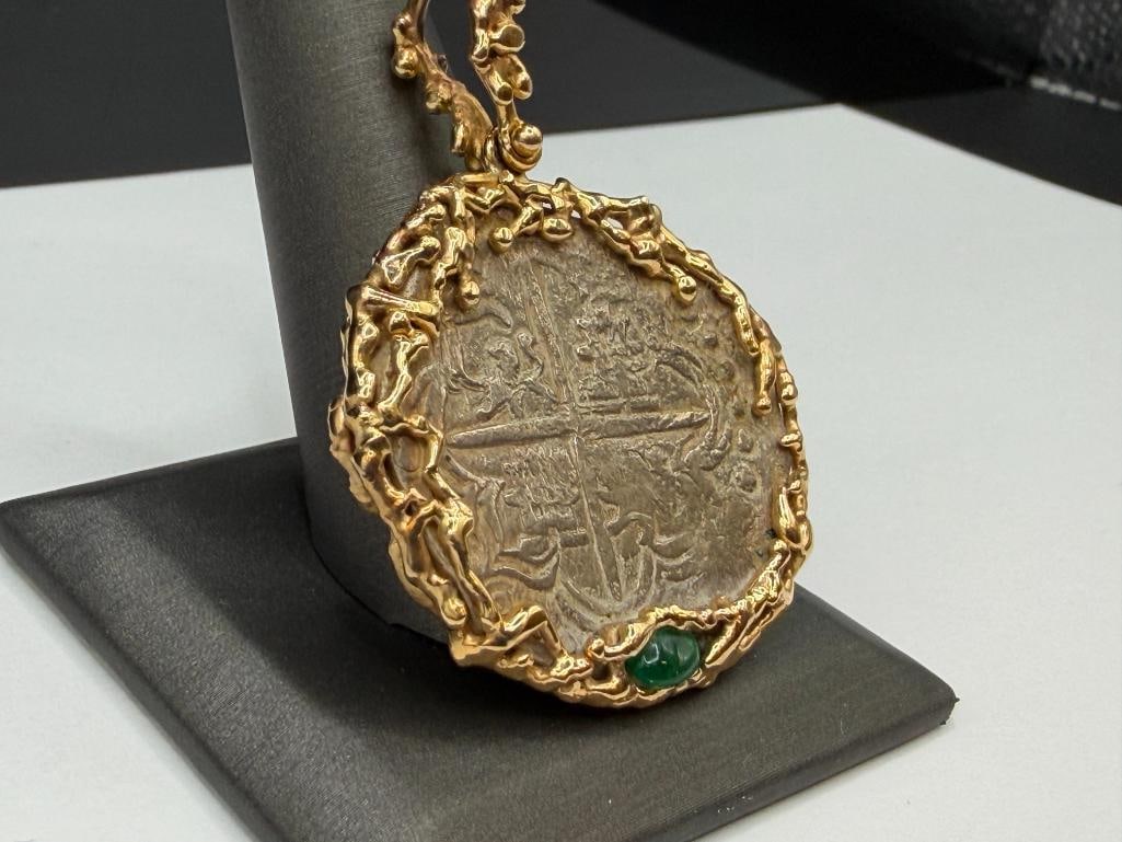 14K YELLOW GOLD DOLPHIN MOTIF PENDANT FEATURING CABOCHON EMERALD AND SILVER 8 REALES ATOCHA COIN - 4