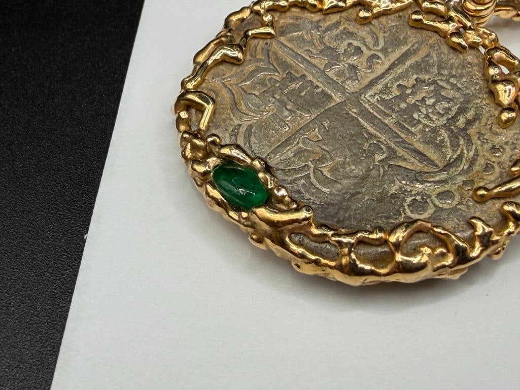 14K YELLOW GOLD DOLPHIN MOTIF PENDANT FEATURING CABOCHON EMERALD AND SILVER 8 REALES ATOCHA COIN - 6