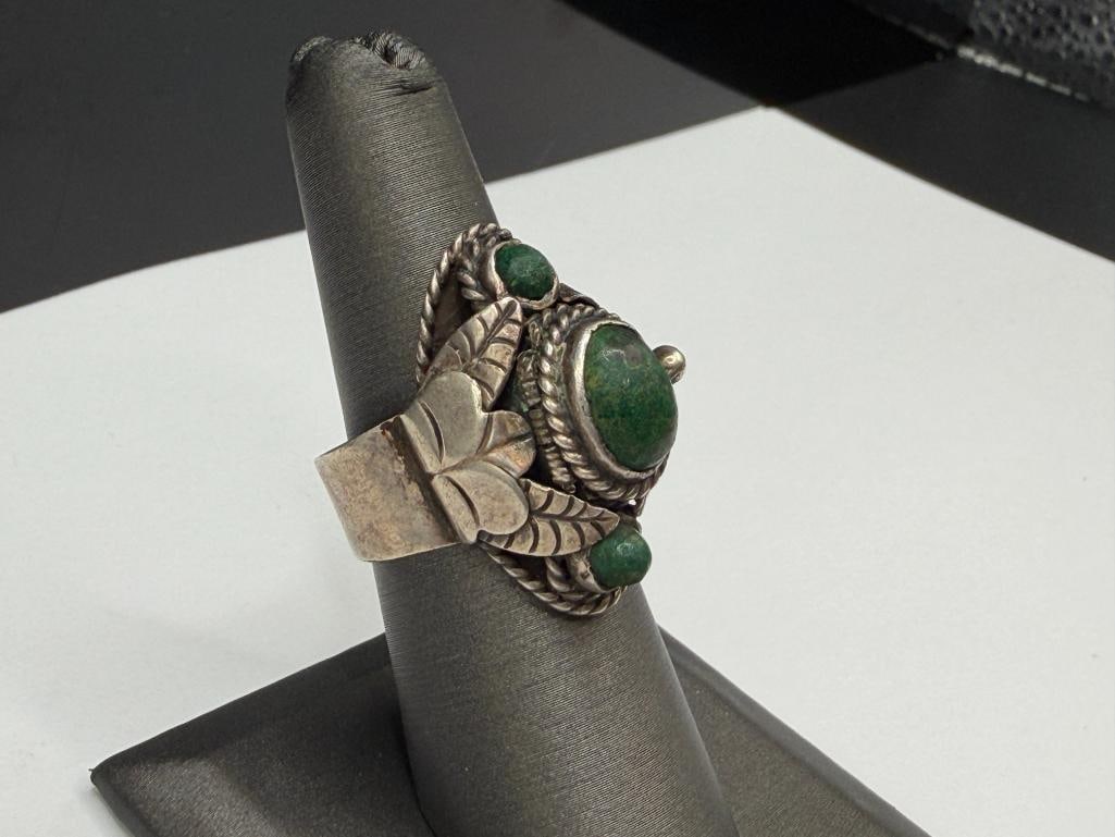 VINTAGE CBS TAXCO MEXICO SIGNED STERLING SILVER GREEN TURQUOISE POISON RING - 2