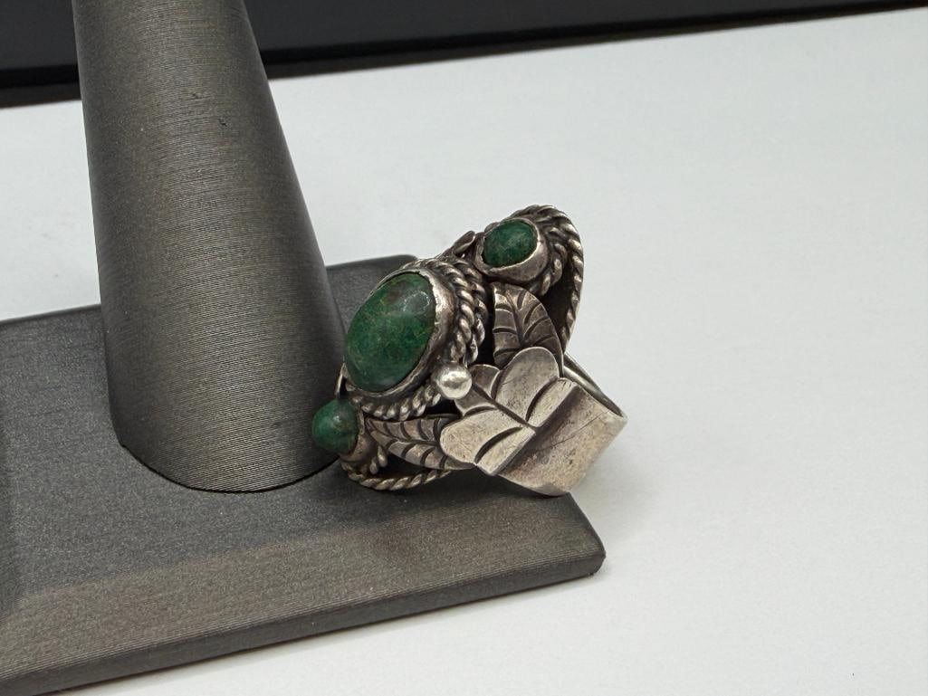 VINTAGE CBS TAXCO MEXICO SIGNED STERLING SILVER GREEN TURQUOISE POISON RING - 3