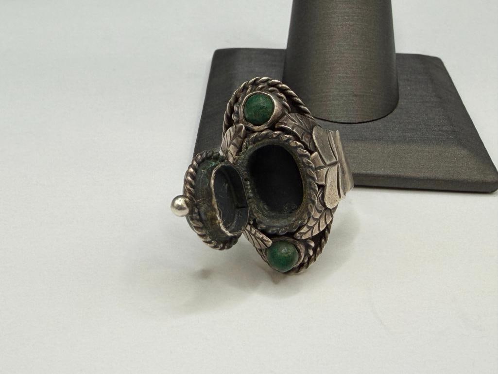 VINTAGE CBS TAXCO MEXICO SIGNED STERLING SILVER GREEN TURQUOISE POISON RING - 4