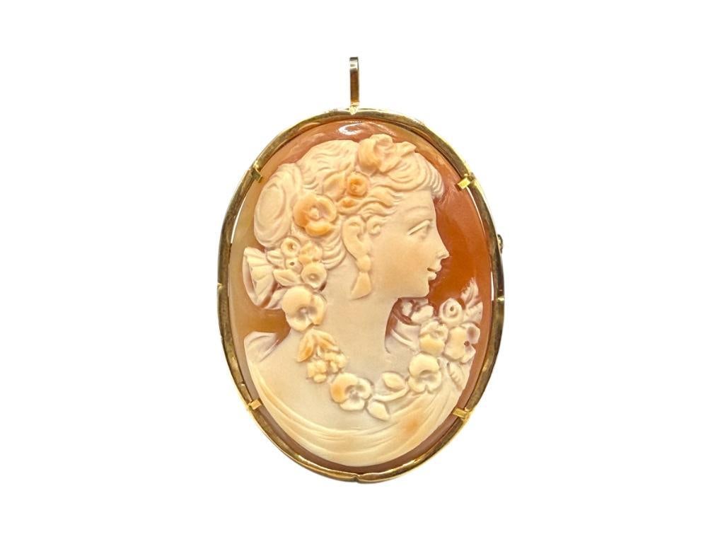 ANTIQUE GIOVANNI APA STUDIO SIGNED 14K YELLOW GOLD CARVED CAMEO PENDANT / BROOCH: FEATURING ORNATELY CARVED CAMEO OF WOMAN, SIGNED BY DESIGNER "G. APA", FAMOUS ITALIAN DESIGNER FROM GRECO, ITALY DURING THE LATE 1800'S 2 1/8", 11.05 GRAMS