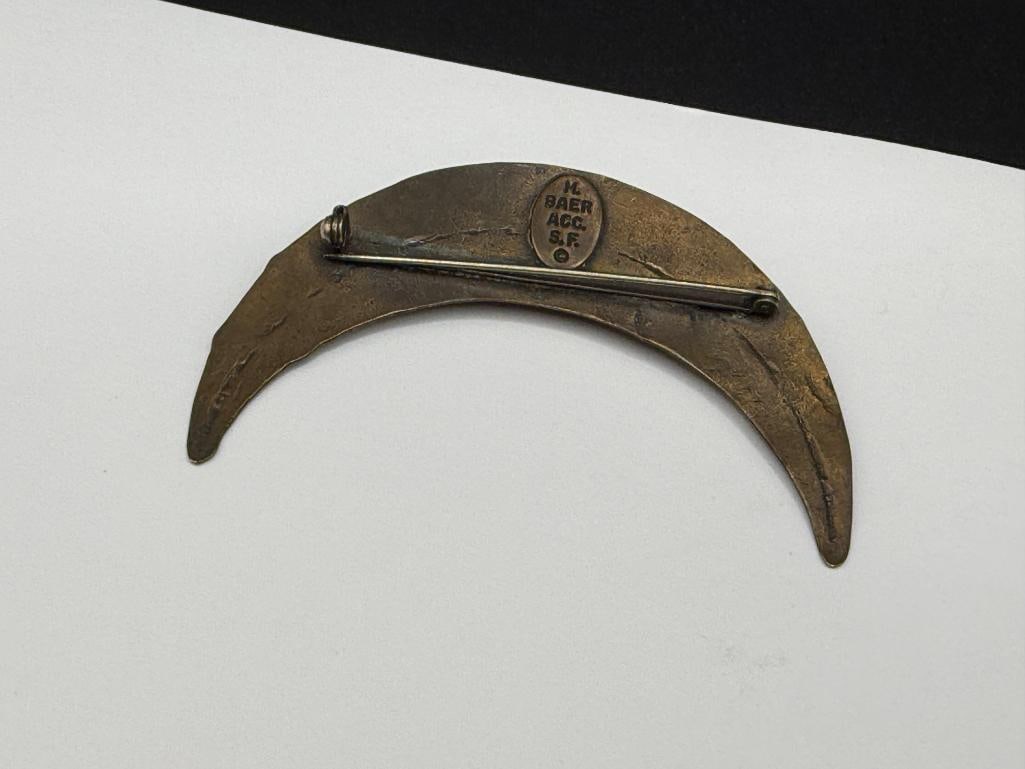 MARJORIE BAER ARTISTAN SIGNED BRASS CRESCENT MOON BROOCH ACCENTED WITH BLUE STONE AND HEMATITE - 4