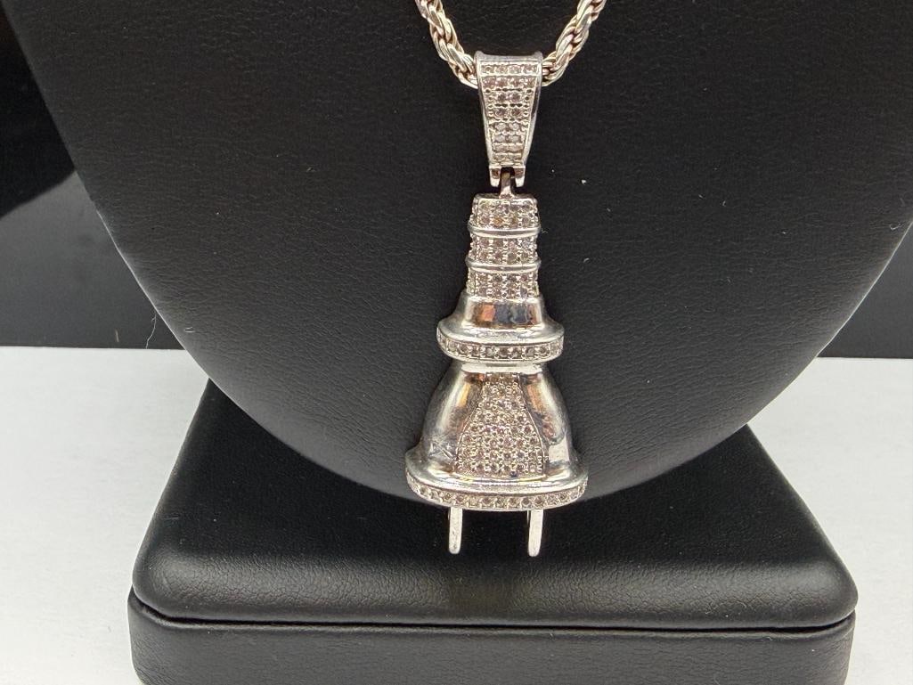 STERLING SILVER CZ PAVED "THE PLUG" FIGURAL OUTLET PLUG PENDANT NECKLACE - 2
