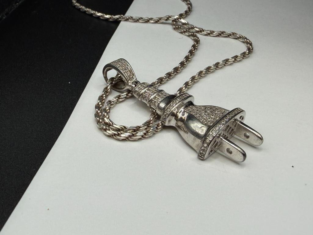 STERLING SILVER CZ PAVED "THE PLUG" FIGURAL OUTLET PLUG PENDANT NECKLACE - 3