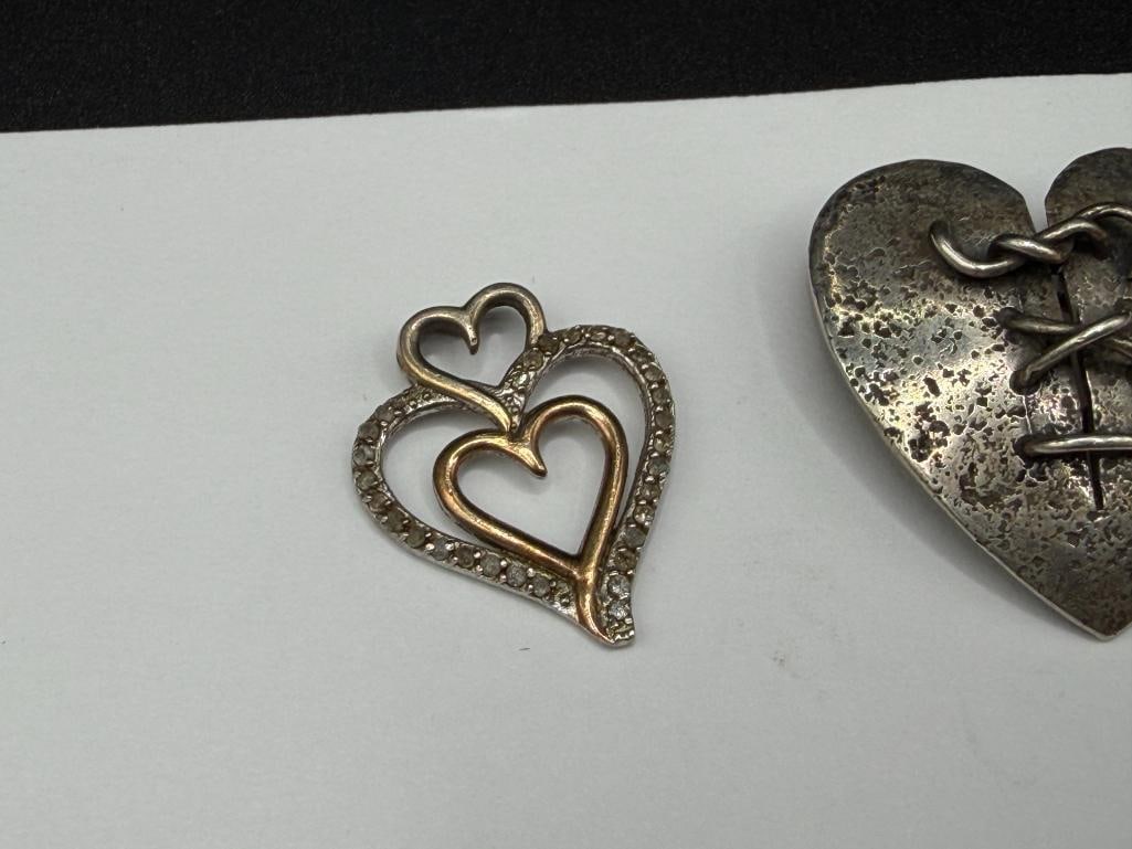 STERLING SILVER HEART MOTIF JEWELRY INCLUDING A DIAMOND HEART PENDANT AND A SIGNED BROOCH - 2