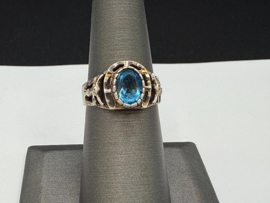 STERLING SILVER MEXICO MADE RANCHER MOTIF HORSESHOE AND BLUE TOPAZ RING - 3
