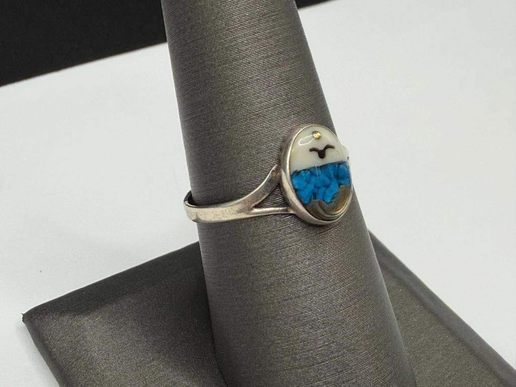 STERLING SILVER MEXICO MADE SEASCAPE RING FEATURING INLAID DESIGN WITH ABALONE SHELL - 2