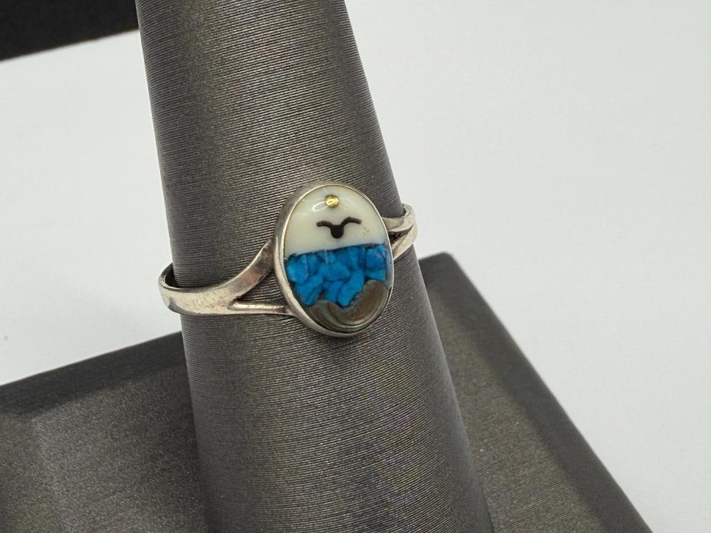 STERLING SILVER MEXICO MADE SEASCAPE RING FEATURING INLAID DESIGN WITH ABALONE SHELL - 3