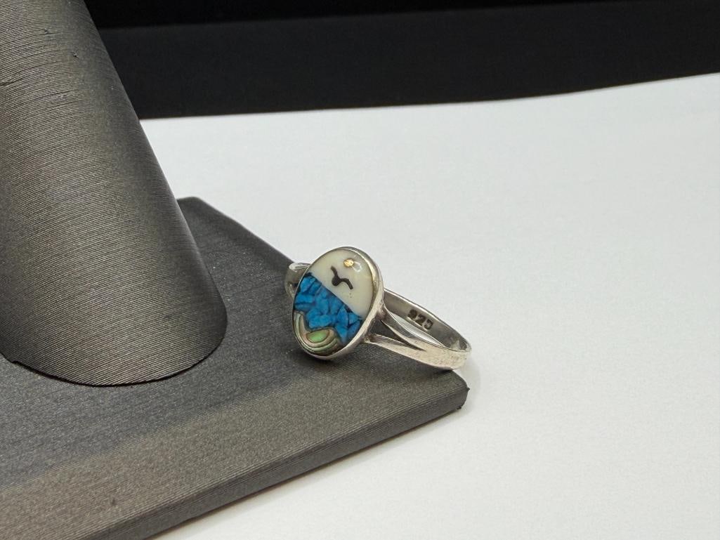 STERLING SILVER MEXICO MADE SEASCAPE RING FEATURING INLAID DESIGN WITH ABALONE SHELL - 4