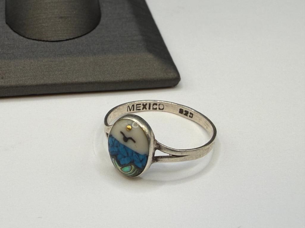 STERLING SILVER MEXICO MADE SEASCAPE RING FEATURING INLAID DESIGN WITH ABALONE SHELL - 6