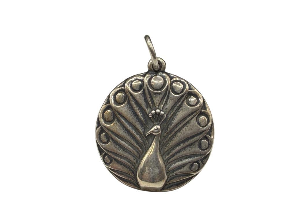 JAMES AVERY DESGINER SIGNED STERLING SILVER PEACOCK PENDANT: HALLMARKED BY DESIGNER 1 3/4", 15.54 GRAMS