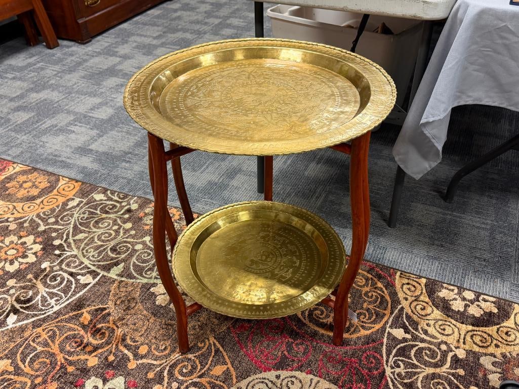VINTAGE TWO-TIER ROUND BRASS TABLE WITH INTRICATE ENGRAVED BRASS TRAYS - 2