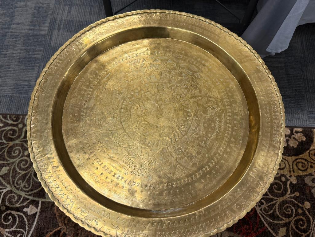 VINTAGE TWO-TIER ROUND BRASS TABLE WITH INTRICATE ENGRAVED BRASS TRAYS - 4