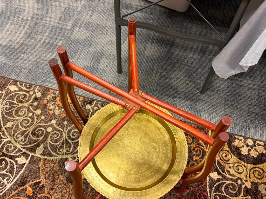 VINTAGE TWO-TIER ROUND BRASS TABLE WITH INTRICATE ENGRAVED BRASS TRAYS - 6
