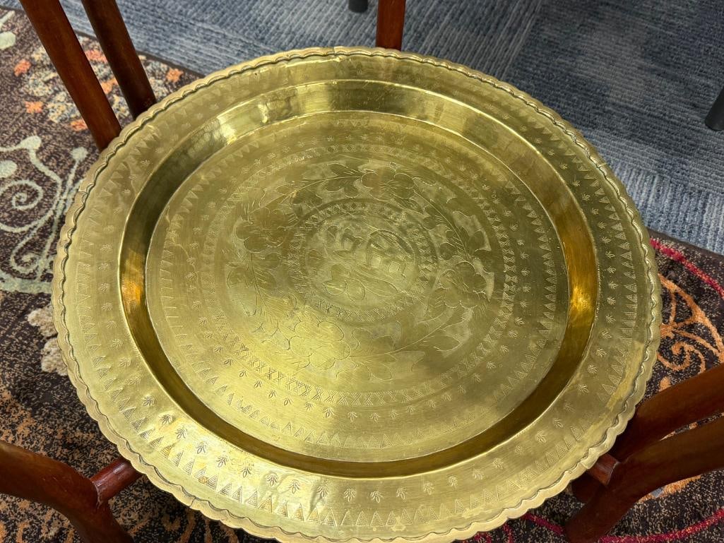 VINTAGE TWO-TIER ROUND BRASS TABLE WITH INTRICATE ENGRAVED BRASS TRAYS - 7