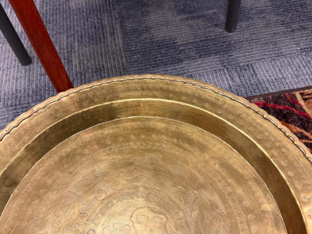 VINTAGE TWO-TIER ROUND BRASS TABLE WITH INTRICATE ENGRAVED BRASS TRAYS - 8
