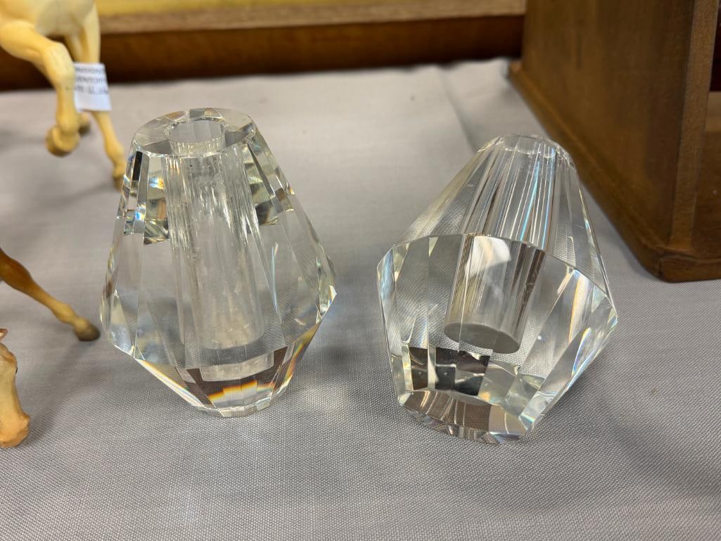 PAIR OF VINTAGE EAPG EARLY AMERICAN PRESSED GLASS DOUBLE CANDLESTICK HOLDERS - 13