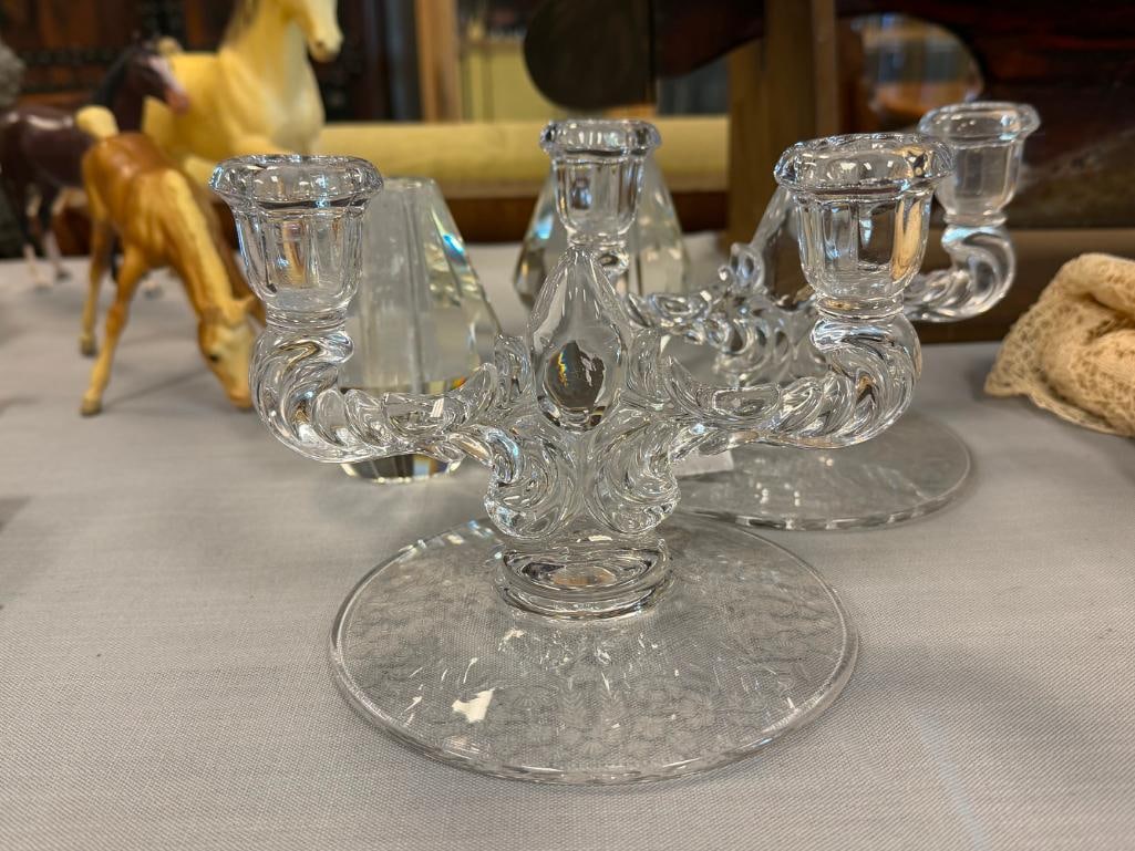 PAIR OF VINTAGE EAPG EARLY AMERICAN PRESSED GLASS DOUBLE CANDLESTICK HOLDERS - 3