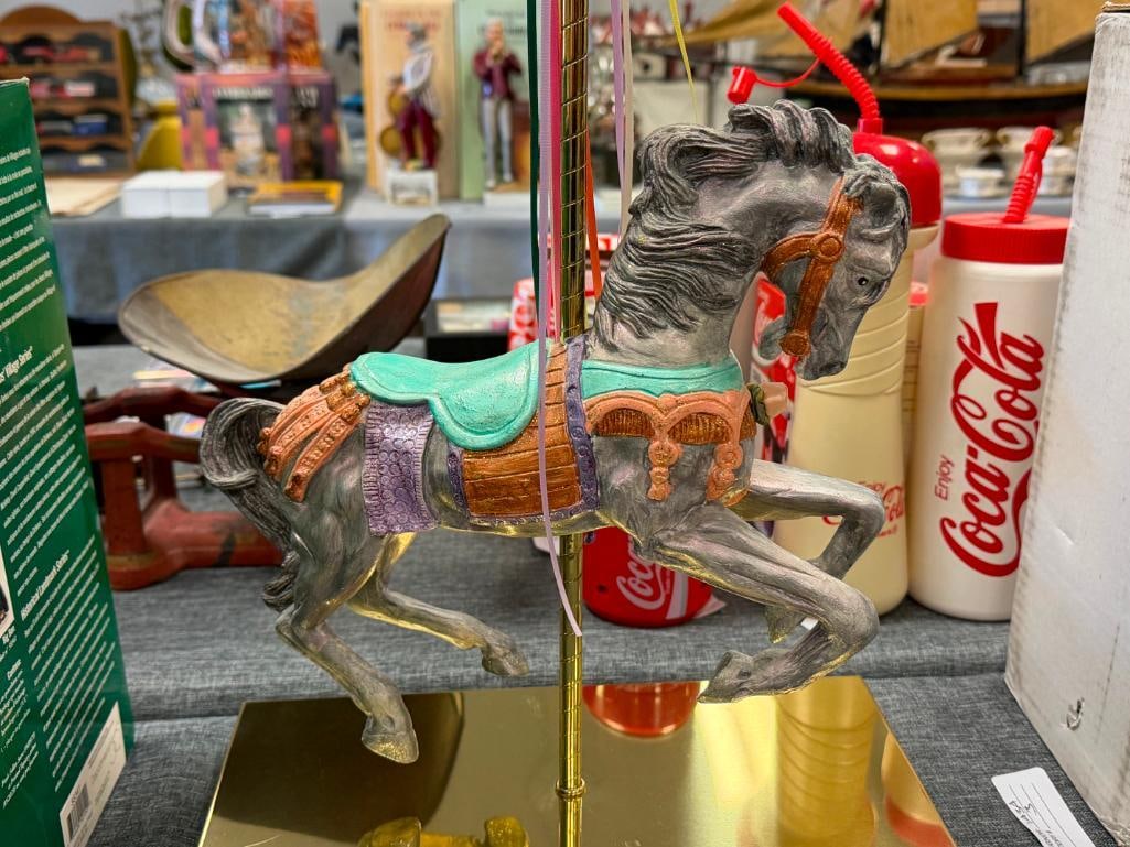 HAND PAINTED CAST RESIN CAROUSEL HORSE WITH POISHED BRASS STAND AND POLE - 3