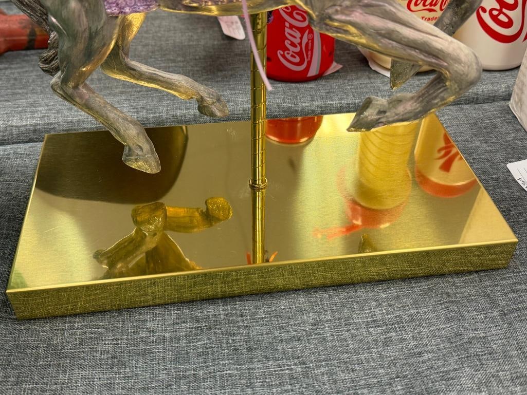 HAND PAINTED CAST RESIN CAROUSEL HORSE WITH POISHED BRASS STAND AND POLE - 4