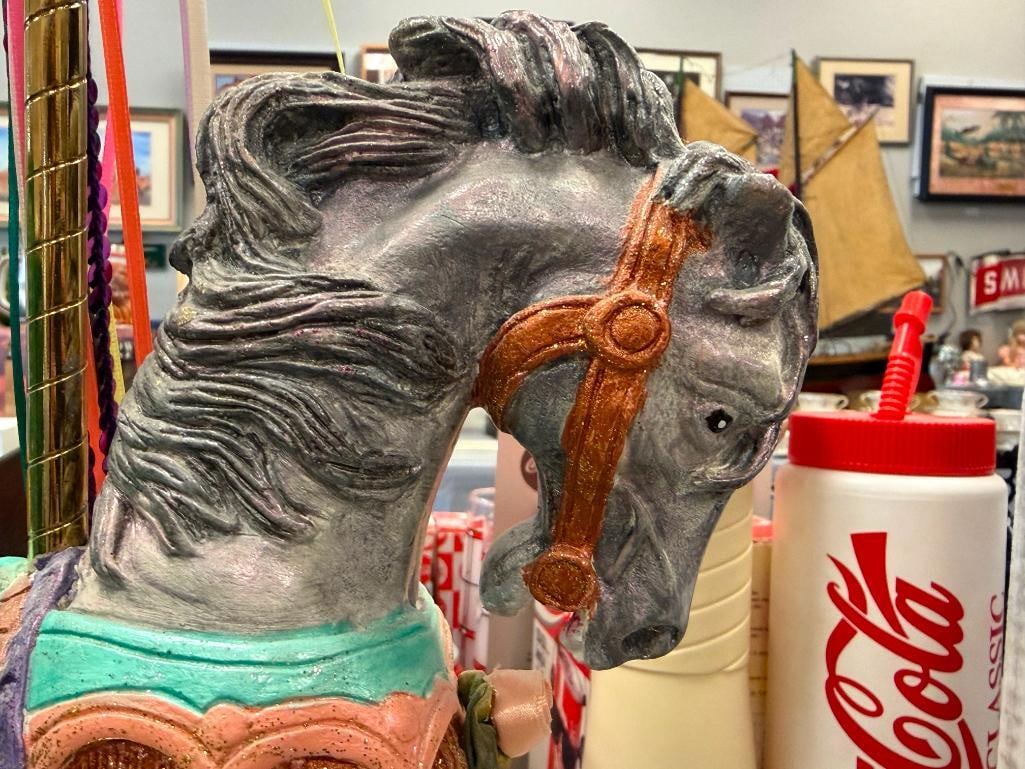 HAND PAINTED CAST RESIN CAROUSEL HORSE WITH POISHED BRASS STAND AND POLE - 5