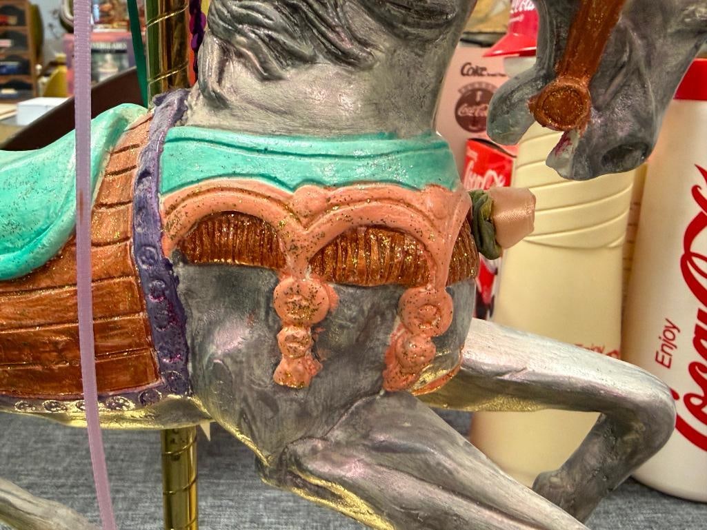 HAND PAINTED CAST RESIN CAROUSEL HORSE WITH POISHED BRASS STAND AND POLE - 6
