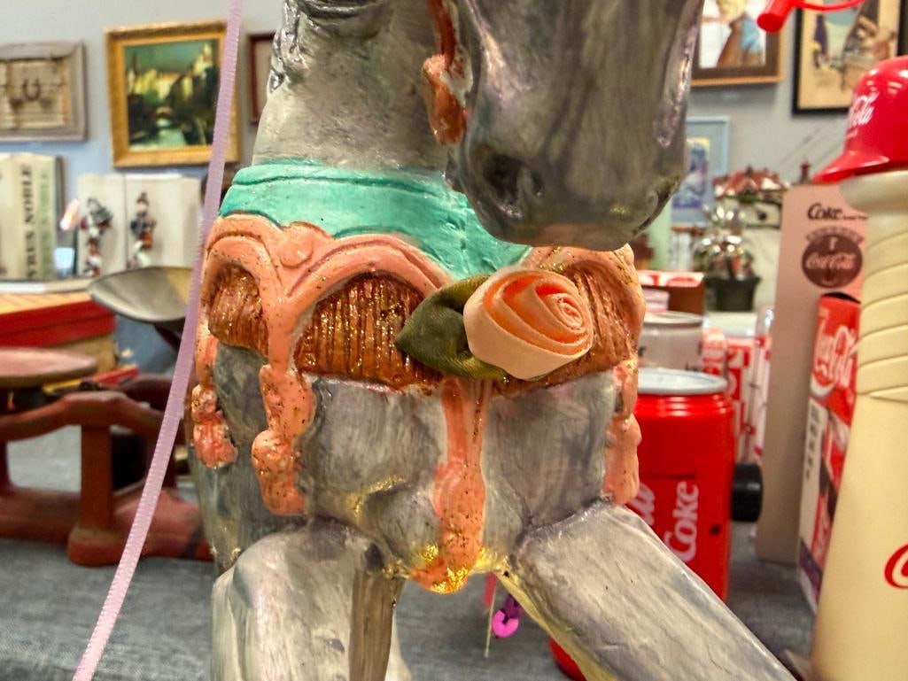 HAND PAINTED CAST RESIN CAROUSEL HORSE WITH POISHED BRASS STAND AND POLE - 9