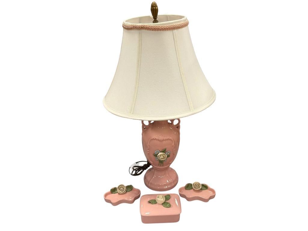 CAPODIMONTE STYLE PINK CERAMIC TABLE LAMP WITH MATCHING PINK GLAZED DISHES - 2