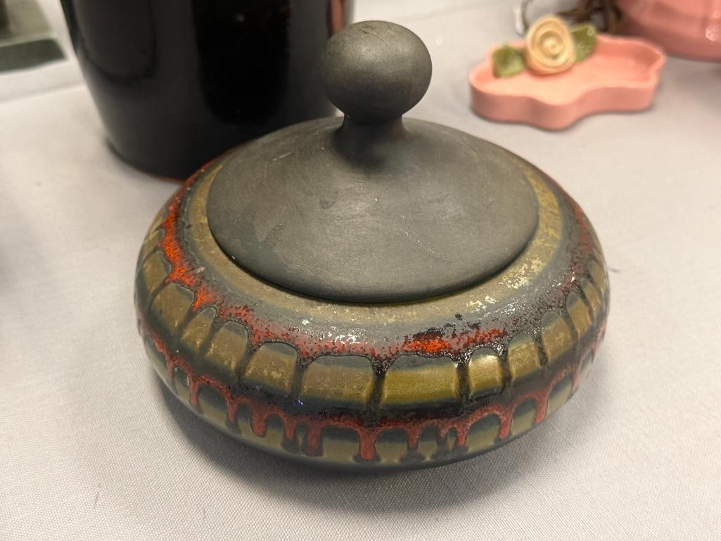 VINTAGE DRIP GLAZE TERRACOTTA POTTERY VASE AND HAEGER POTTERY LIDDED BOWL NO. 746 - 2