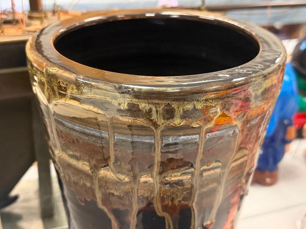 VINTAGE DRIP GLAZE TERRACOTTA POTTERY VASE AND HAEGER POTTERY LIDDED BOWL NO. 746 - 4