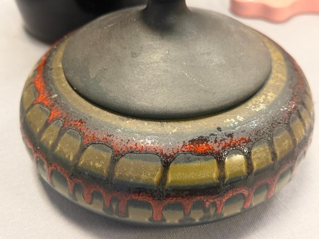 VINTAGE DRIP GLAZE TERRACOTTA POTTERY VASE AND HAEGER POTTERY LIDDED BOWL NO. 746 - 5
