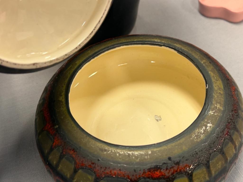 VINTAGE DRIP GLAZE TERRACOTTA POTTERY VASE AND HAEGER POTTERY LIDDED BOWL NO. 746 - 6