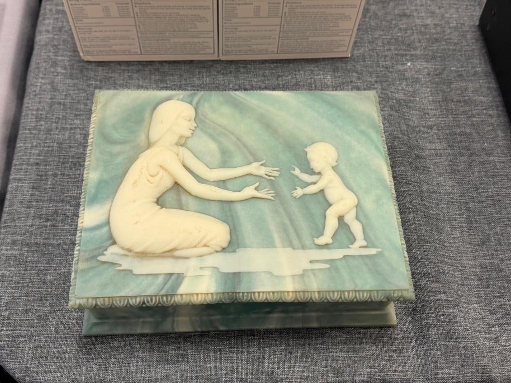 VINTAGE AVONDALE INCOLAY STONE JEWELRY BOX QUILTED INTERIOR WITH HINGED TOP - 2