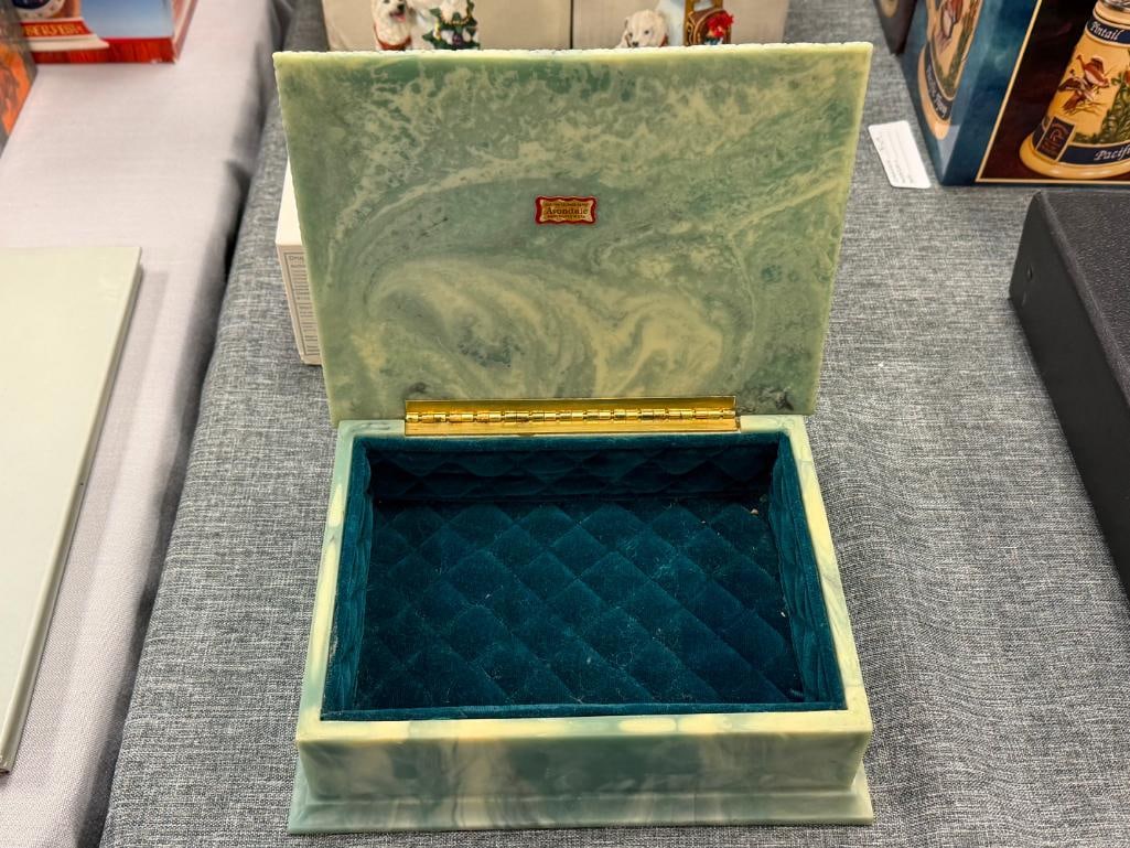 VINTAGE AVONDALE INCOLAY STONE JEWELRY BOX QUILTED INTERIOR WITH HINGED TOP - 7