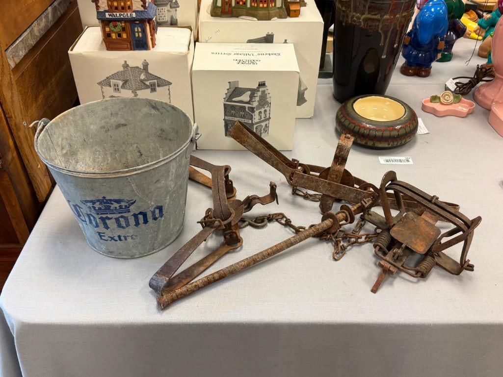 THREE ANTIQUE VICTOR ANIMAL HUNTING / GAME TRAPS ONE IS A COILED TRAP - 2