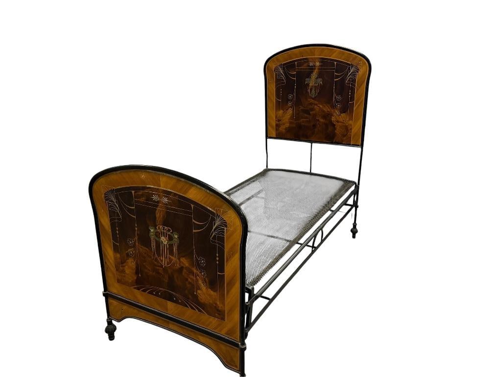 VINTAGE ART DECO PERIOD IRON AND SHEET METAL TWIN HEADBOARD AND FOOTBOARD WITH SPRING BASE (1 of 11)