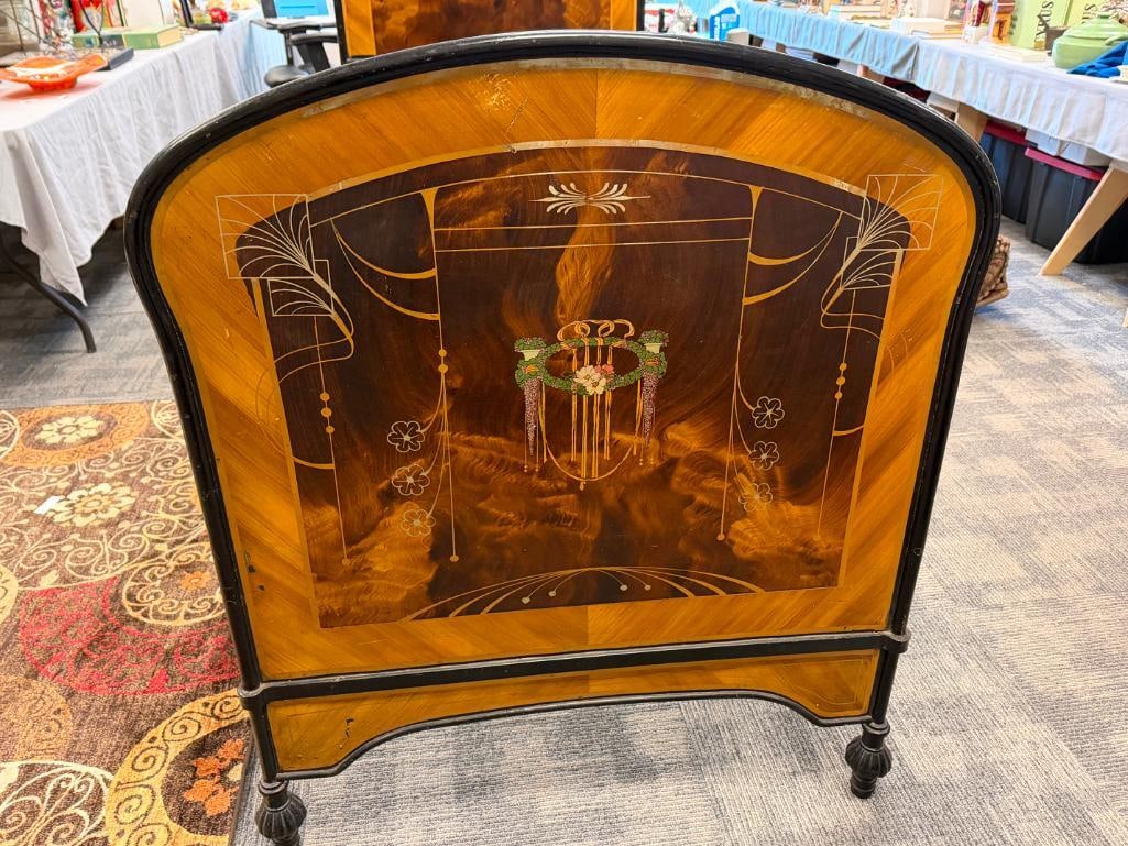 VINTAGE ART DECO PERIOD IRON AND SHEET METAL TWIN HEADBOARD AND FOOTBOARD WITH SPRING BASE - 3