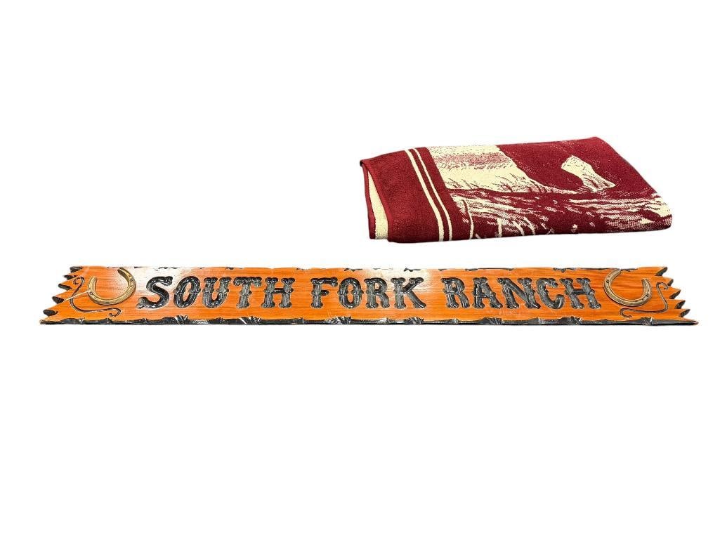 SOUTH FORK RANCH CARVED WOOD RANCH SIGN WITH HORSESHOES: 57" X 7"