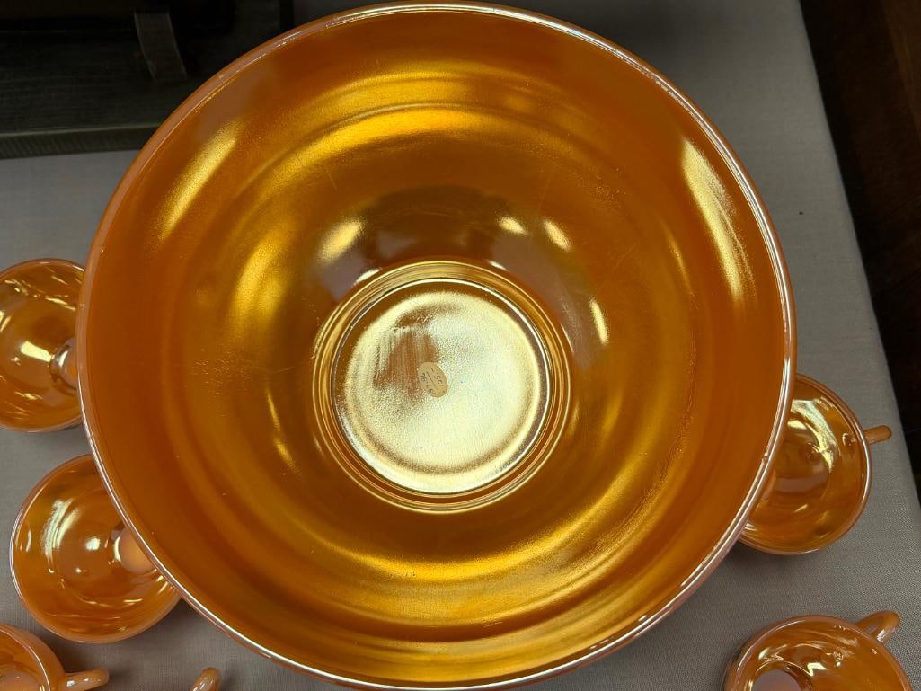 VINTAGE ANCHOR HOCKING / FIRE-KING PEACH LUSTRE IVY PUNCHBOWL AND MUGS - 12