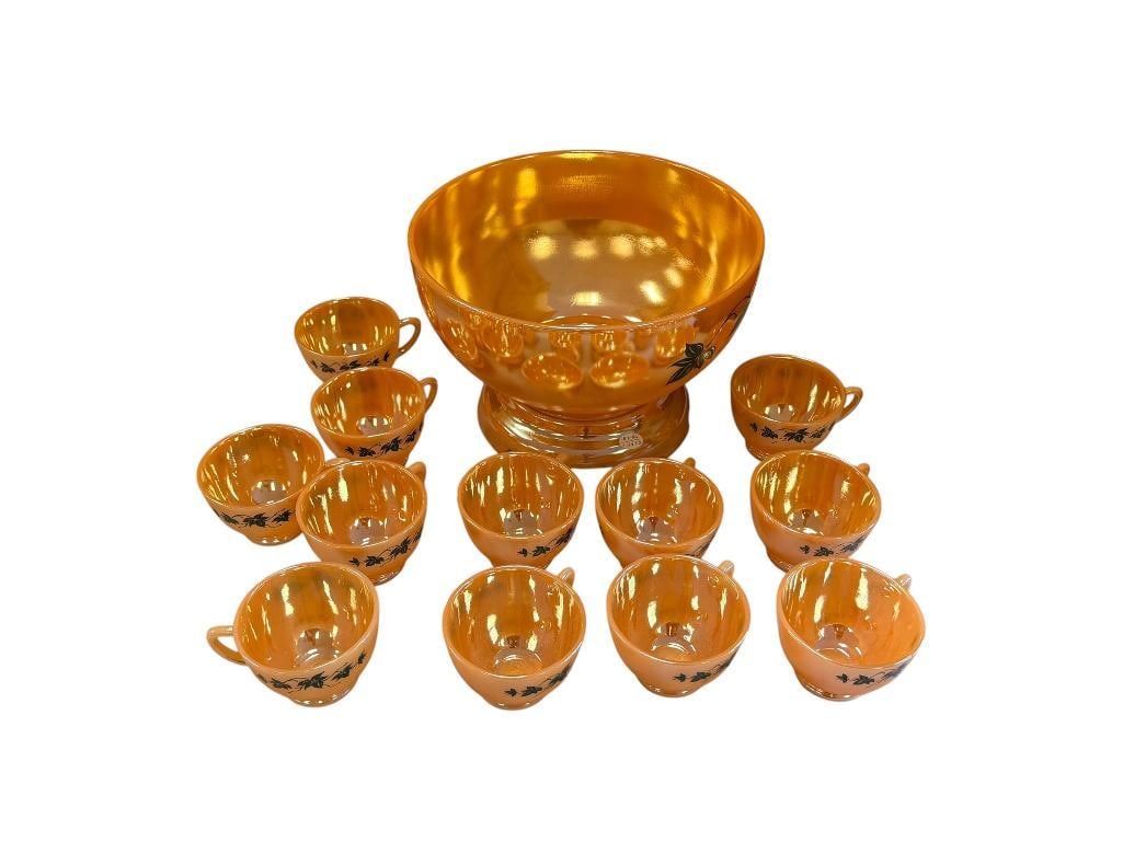 VINTAGE ANCHOR HOCKING / FIRE-KING PEACH LUSTRE IVY PUNCHBOWL AND MUGS (1 of 15)