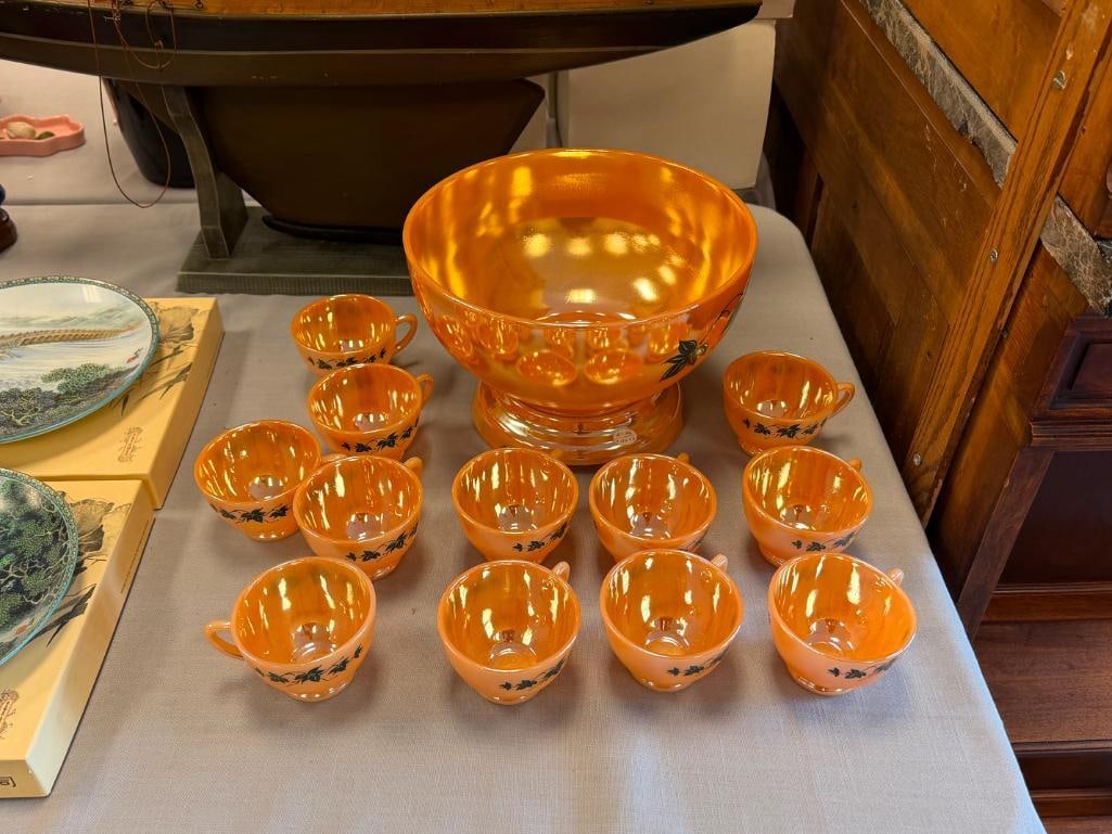 VINTAGE ANCHOR HOCKING / FIRE-KING PEACH LUSTRE IVY PUNCHBOWL AND MUGS - 2