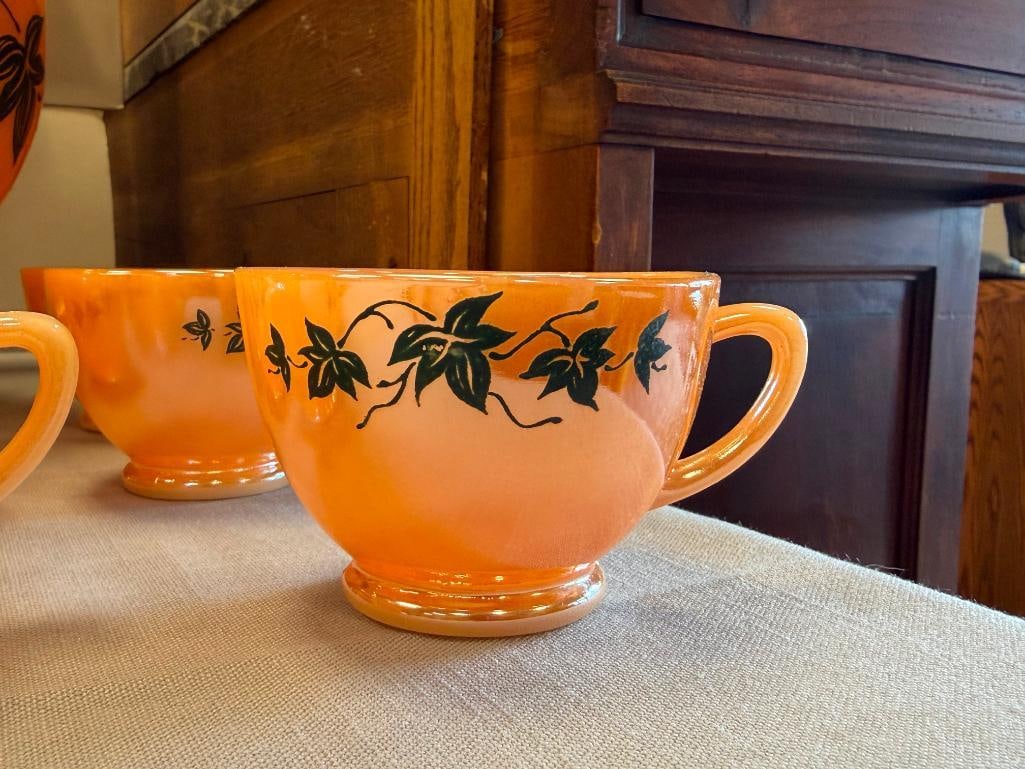 VINTAGE ANCHOR HOCKING / FIRE-KING PEACH LUSTRE IVY PUNCHBOWL AND MUGS - 3