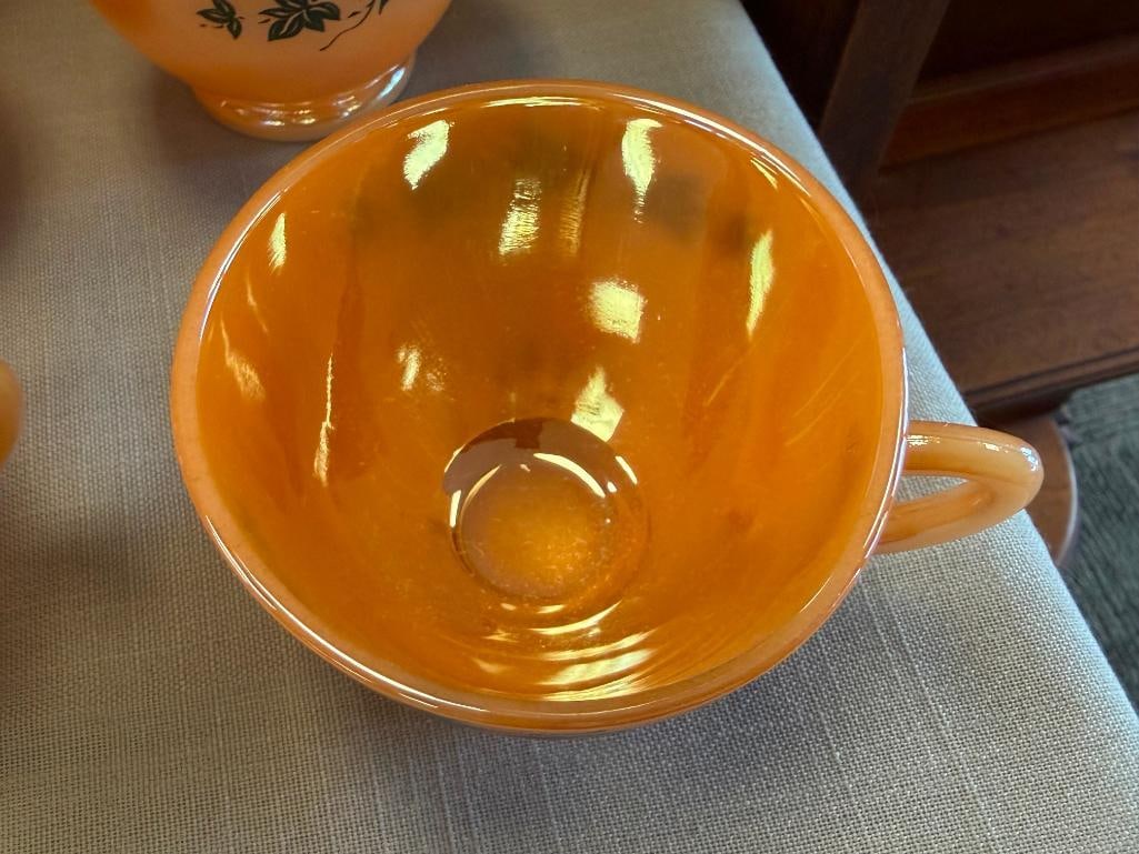 VINTAGE ANCHOR HOCKING / FIRE-KING PEACH LUSTRE IVY PUNCHBOWL AND MUGS - 4