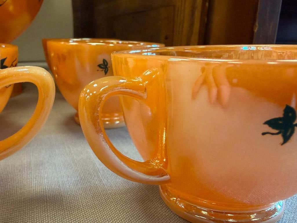 VINTAGE ANCHOR HOCKING / FIRE-KING PEACH LUSTRE IVY PUNCHBOWL AND MUGS - 5
