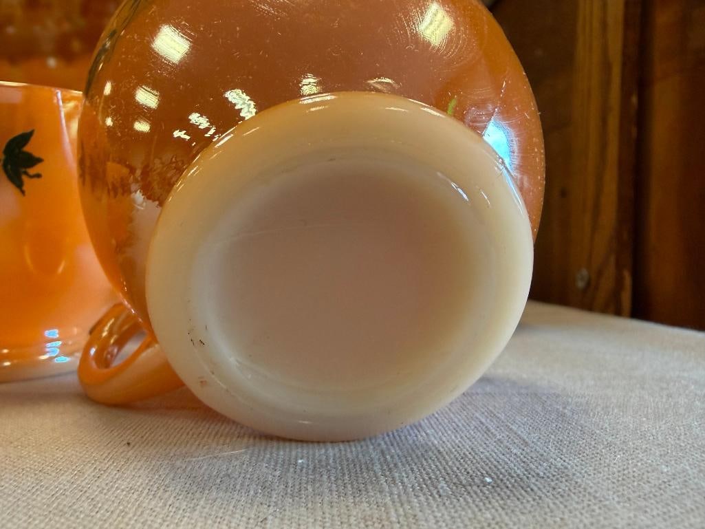 VINTAGE ANCHOR HOCKING / FIRE-KING PEACH LUSTRE IVY PUNCHBOWL AND MUGS - 6