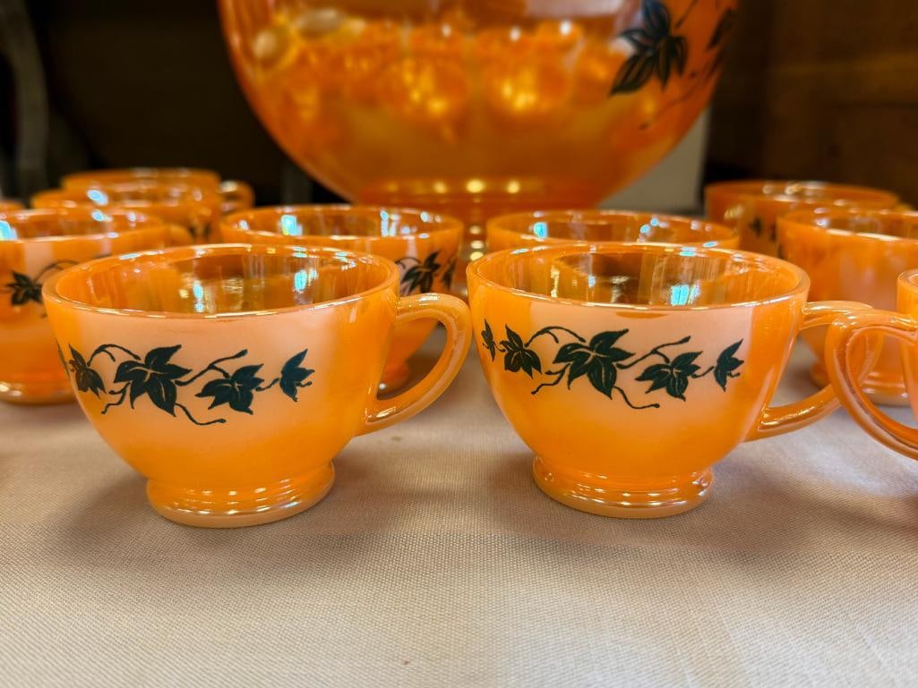VINTAGE ANCHOR HOCKING / FIRE-KING PEACH LUSTRE IVY PUNCHBOWL AND MUGS - 7
